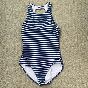 Lands End high neck one piece navy and white striped swimsuit, size medium
